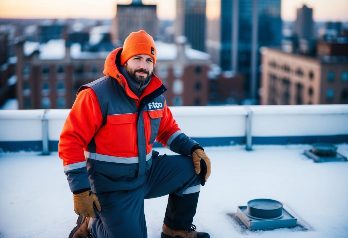 En arbejdere iført Fistos varme og holdbare tøj på et koldt tag